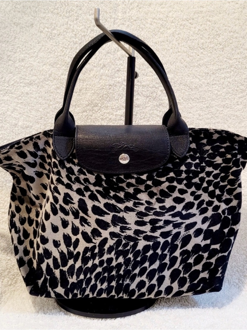 Longchamp Velvet Black and Cream Leopard Print Tote Limited Edition